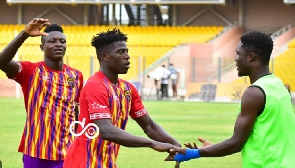 Hearts of Oak forward Issac Mensah (middle) celebrating a goal with teammate
