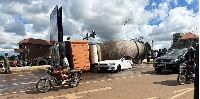 The crash scene where a cement mixer truck rammed into a Mistubishi at Nkumba University