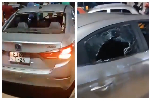 Parts of the vehicle appeared heavily vandalized, indicating the severity of the attack
