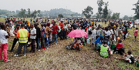 Civilians who fled Goma in eastern DRC gather at a reception centre in Rugerero, Rwanda