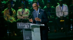 Rwanda’s President Paul Kagame gives a speech at the Kwibuka30 National Remembrance Ceremony