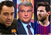 L-R: Xavi, Joan Laporta and Messi are affiliated to Barcelona