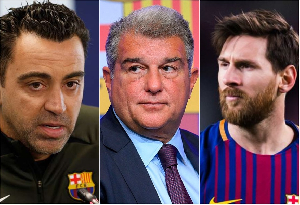 L-R: Xavi, Joan Laporta and Messi are affiliated to Barcelona