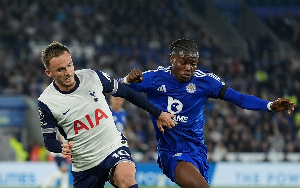 Fatawu (in blue) contesting a duel with James Maddison