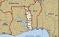 A map indicating the Ghana-Togo border lines