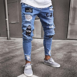 Men S Fashion Vintage Ripped Jeans Super Skinny Slim Fit Zipper Denim Pant Destroyed Frayed Trousers