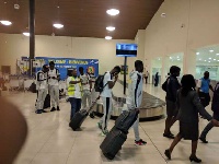 The Ghana Black Stars exiting the Gabon airport terminal.