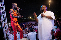 MC for the mega party, IBK (R) and award-winning musician, Akwaboa Junior, thrilling the crowd