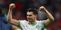 Morocco’s Brahim Diaz celebrates after the quarterfinal match