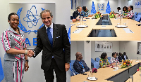 A photo of Dr Zanetor Agyeman-Rawlings and Director of IAEA Rafael Grossi and others in Vienna