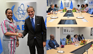 A photo of Dr Zanetor Agyeman-Rawlings and Director of IAEA Rafael Grossi and others in Vienna