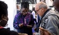 Vesela tried to woo customers with biscuits and protein bars at a recent food fair in Johannesburg