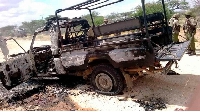 Police car after an ambush by Al Shabaab militants along Elwak-Lafey road in Mandera County Kenya
