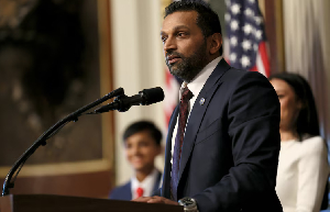Kash Patel speaks after being sworn in as FBI director by U.S. Attorney General Pam Bondi