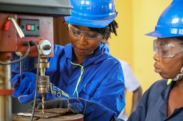 Female student of Newmont’s Akyem Vocational Training Institute engaging in a practical session