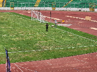 An image displaying the state of the Baba Yara Stadium pitch during the Dmeocracy Cup  game