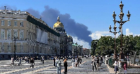 Black smoke from a burning oil terminal could be seen billowing over central St Petersburg