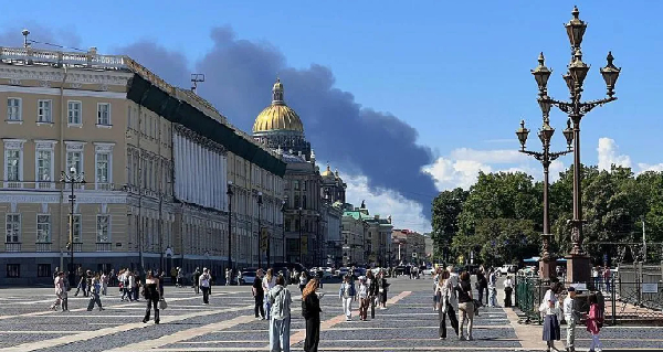 Black smoke from a burning oil terminal could be seen billowing over central St Petersburg