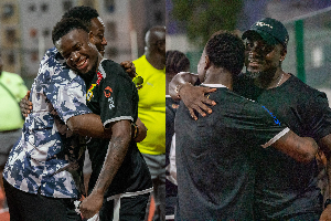 A photo of Stephen Appiah and Asamoah Gyan at the Black Stars training grounds