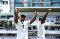 South Africa's Ngidi and Rabada celebrate winning the Test Championship