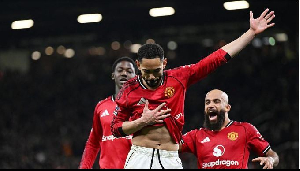 Matheus Cunha celebrates scoring Manchester United's fourth goal