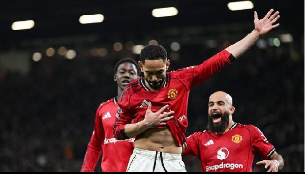 Matheus Cunha celebrates scoring Manchester United's fourth goal