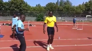 Ghanaian sprinter Saminu Abdul-Rasheed (yellow) during the dance battle