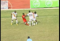 Laryea is seen here stepping on the leg of Baba Rahman