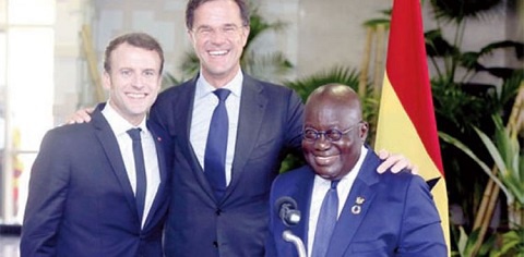 Akufo-Addo with Emmanuel Macron, French President (L) and Mark Rutte (M), Netherlands Prime Minister