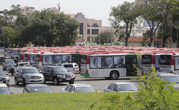 Some of the re-branded busses at the forecourt of Parliament