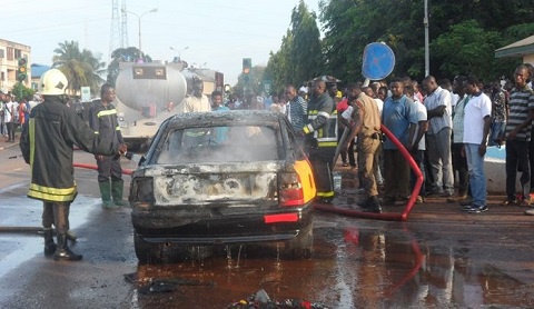 The taxi caught fire in front of the Sunyani Technical University