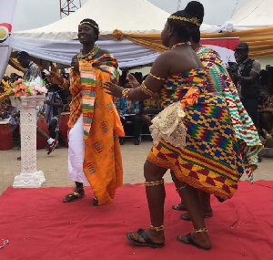 Traditional dancers welcome Abigail Nsiah Afrah to the durbar