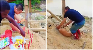 Shots of the Chinese nationals performing the sacrifice at a galamsey site