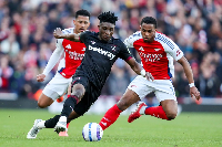 Image of Mohammed Kudus in action against  Arsenal