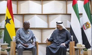 President John Dramani Mahama (L) and UAE President Sheikh Mohamed bin Zayed Al Nahyan (R)