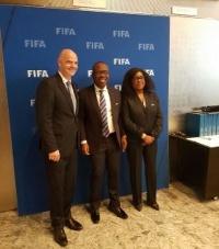 Kwesi Nyantakyi alongside FIFA boss Gianni Infantino and Fatma Samoura