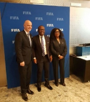 Kwesi Nyantakyi alongside FIFA boss Gianni Infantino and Fatma Samoura
