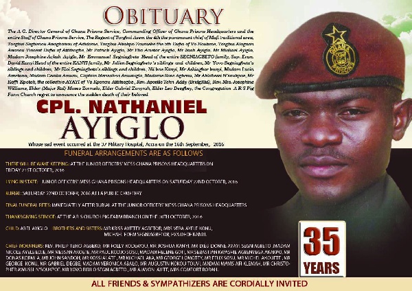 Corporal Nathaniel Ayiglo died at the 37 military hospital on the 16th day of September this year