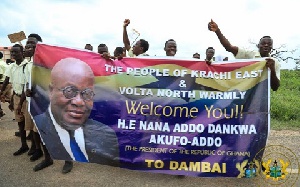 School children in Krachi East welcoming President  Akufo-Addo during his tour of the area