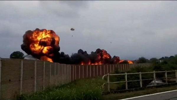 An Italian jet explodes into a fireball after takeoff in Turin, Italy, on September 16