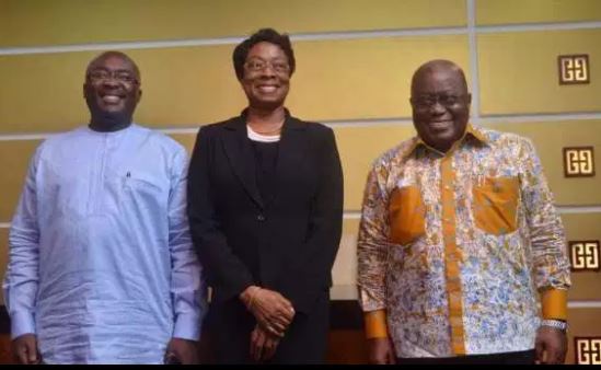 Justice Sophia Akuffo [middle] with President Akufo-Addo [Right] and his veep, Dr Bawumia [Left]