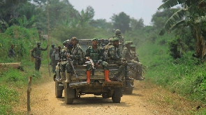Armed Forces of the Democratic Republic of Congo seen on a patrol car in Mukakati