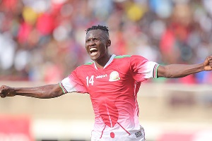 Kenya striker Michael Olunga celebrates Kenya's goal against Ghana