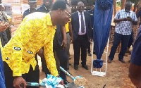 CEO of MTN Ghana  Selorm Adadevoh breaking grounds for the construction of the classroom