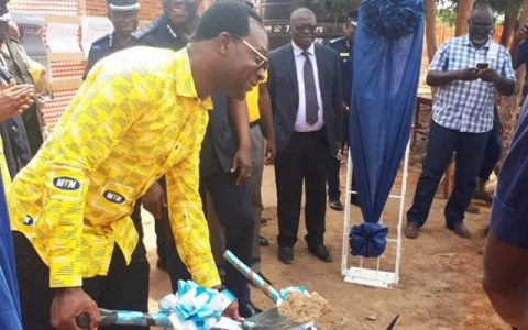 CEO of MTN Ghana  Selorm Adadevoh breaking grounds for the construction of the classroom