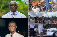 Dr Kwabena Koforobour Agyemang (top left), his TA (bottom left), and scenes from the crash