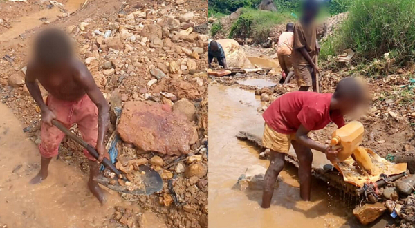 The children were captured digging and loading sand