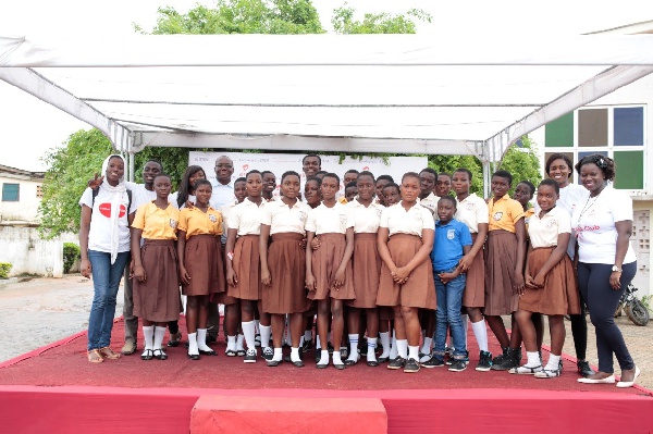 Executives of Airtel STEM with some pupils at Ablekuma central circuit