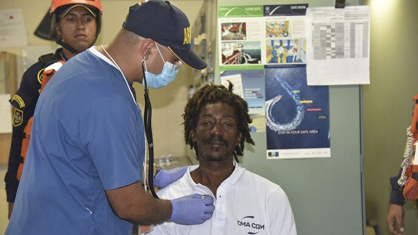 Elvis Francois receives a medical checkup after being rescued in Cartagena on January 16, 2023