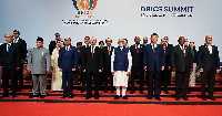 Participants of the BRICS Plus Outreach format pose for a photo in New Delhi